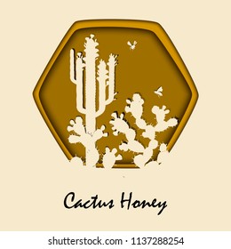 Honey Bee Flying Near Prickly Pear Cactus Silhouette. Stylish paper cut frame with bees and doodle cacti. Floral vector illustration.