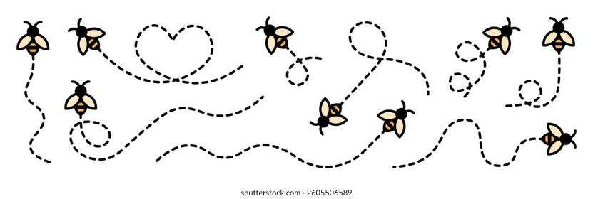 Honey bee flying on a dotted route. Bee symbol collection. Vector illustration.