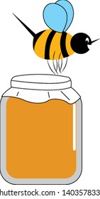 Eine Honigbiene, die über ein Honigglas fliegt, das rein ist und frisch vom Bauernhof genommen wird, Vektorgrafik, Farbzeichnung oder Illustration.