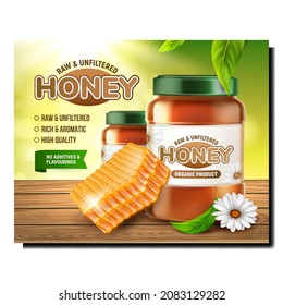 Honey bee food product ad. Yellow liquid, pollen, vintage flower. Beehive product. Tasty package. 3d realistic vector