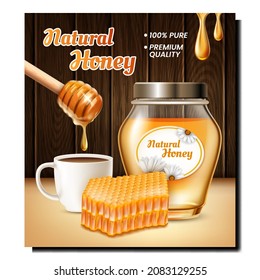 Honey bee food product banner. Glass jar with bee honey. Creative hive. Modern apiary. 3d realistic vector