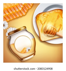 Honey bee food product label. Organic banner template. Apiary nutrition. Sticky liquid. 3d realistic vector
