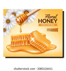 Honey bee food product template. Nature label. Natural Delicious. Wooden dipper. 3d realistic vector