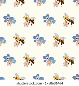 Honey bee and Forget-me-not flower vector seamless pattern background. Flying insect and pretty blue pink florals backdrop. Geometric garden bug design. Modern all over print for packaging, stationery