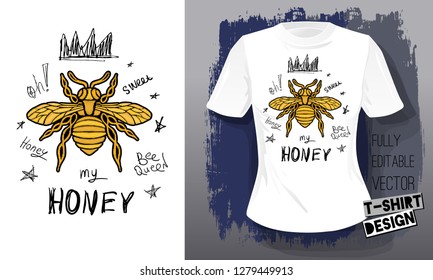 Honey bee golden embroidery queen crown textile fabrics t-shirt design lettering gold wings insect. Hand drawn vector honey bee luxury fashion embroidered style illustration