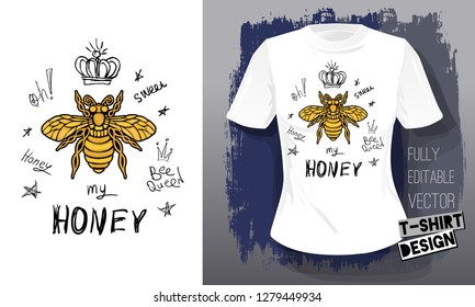 Honey bee golden embroidery queen crown textile fabrics t-shirt design lettering gold wings insect. Hand drawn vector honey bee luxury fashion embroidered style illustration