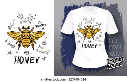 Honey bee golden embroidery queen crown textile fabrics t-shirt design lettering gold wings insect. Hand drawn vector honey bee luxury fashion embroidered style illustration