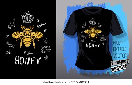 Honey bee golden embroidery queen crown textile fabrics t-shirt design lettering gold wings insect. Hand drawn vector honey bee luxury fashion embroidered style illustration