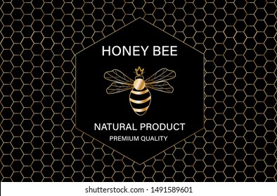 Honey Bee Golden Label Vector. Product Placement Quality Template Poster