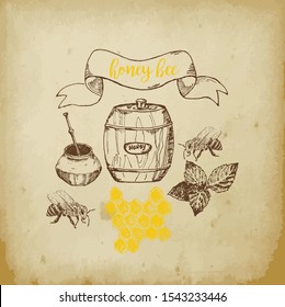 Honey and bee hand drawn sketch poster and text vector illustration. Honecomb, organic food, barrel of honey isolated on old paper background.