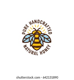 Honey Bee Hand Drawn Textured Vector Illustration. Linear Style. Vintage Bee Icon. 