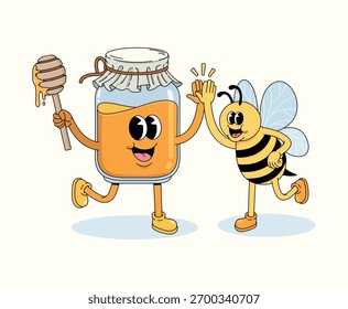 honey and bee high five character groovy cartoon illustration