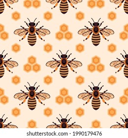 Honey bee with honeycomb cells pattern. Vector seamless background with Queen bee.