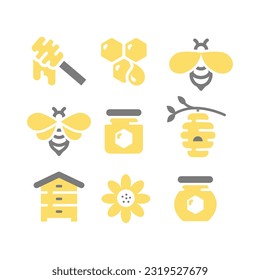 Honey, bee and honeycomb fill vector icon set. Jar, honey dipper and beehive icons.