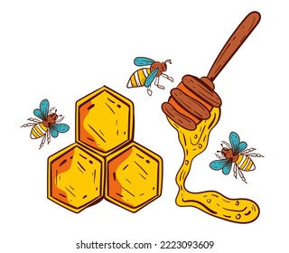 Honey bee honeycomb flask bottle propolis hive isolated on white background. Vector graphic design element illustration