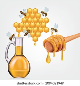 Honigbiene mit Honigwabenrüben, Honigbieneninsekten, Honiggläser, Tropfen, Sirup Toast. Realistische 3D-Farbglänzende Vektorgrafiken einzeln auf weißem Hintergrund. Konzept des ökologischen Lebensmitteldesigns