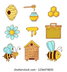 Honey bee honeycomb icons cute doodle cartoon vector set