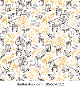 Honey Bee, Honeycomb And Jar Image Seamless Pattern Design In Sketch. Honey Comb, Pot, Bee Hive, Flowers Hand Drawn Vintage Elements On White Background Vector Illustration
