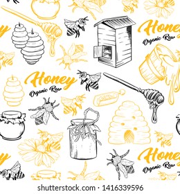 Honey Bee, Honeycomb And Jar Image Seamless Pattern Design In Sketch. Honey Comb, Pot, Bee Hive, Flowers Hand Drawn Vintage Elements On White Background Vector Illustration