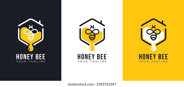 Honey bee house logo design, set of honey bee house with hexagonal honeycomb and honey drop design concept. Modern and minimalist Flat logo vector Illustration.