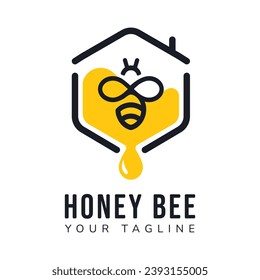 Diseño del logo de la casa de las abejas, casa de las abejas o casa con el concepto de diseño de abejas hexagonales y gotas de miel. Vector de logotipo plano moderno y minimalista Ilustración.