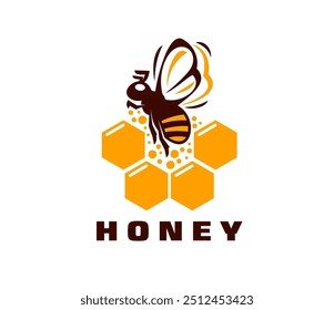 Honey bee icon, beekeeping and apiary products emblem. Isolated vector label with a bee within yellow hexagonal combs and bold brown type, emphasizing themes of nature, agriculture, and sustainability