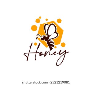 Honey bee icon, beekeeping and apiary. Beehive honeycomb vector pattern of yellow wax hexagons with flying bee and gold flower nectar drops. Beekeeping farm sweet food isolated label with honeybee