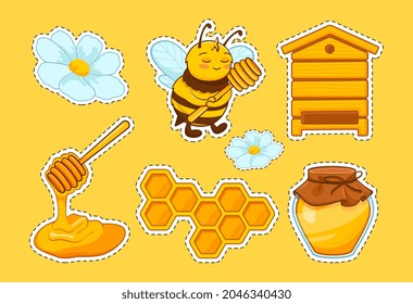 Honey and bee icon collection. Colorful stickers with insect, flowers, beehive and honeycombs. Design elements for websites and printing on paper. Cartoon flat vector set isolated on yellow background