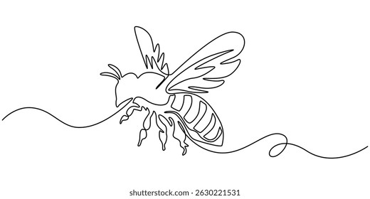 Honey bee icon   continuous one line drawing  outline vector illustration, Continuous one single minimal line drawing bee, Honeybee insect single line art illustration. Editable vector, flying bee. 