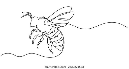 Honey bee icon   continuous one line drawing  outline vector illustration, Continuous one single minimal line drawing bee, Honeybee insect single line art illustration. Editable vector, flying bee. 