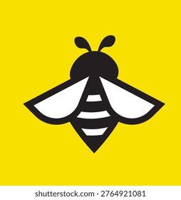 Honey Bee icon. Insect character. Cartoon flying bee. Vector isolated on yellow background.