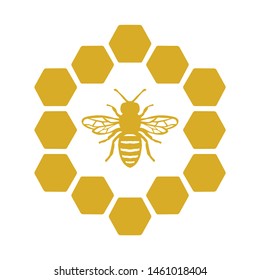 Honey Bee Icon Isolated on White Background with Honeycomb Frame.