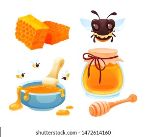 Honey bee icon set with honeycomb with hive, honeybee - bee insects, jar honey, beekeeping tools. Beekeeping farm set cartoon vector illustration isolated