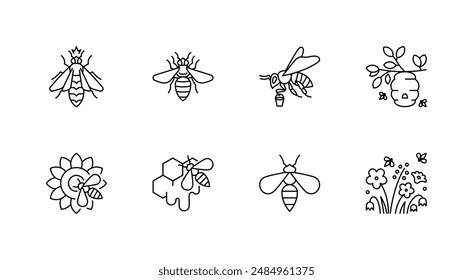 Honey bee icon set - queen bee, a worker bee, hive, comb, sunflower, flowers, field. Honey production, beekeeping, apiculture concept. Linear illustration, editable strokes, minimalist symbol