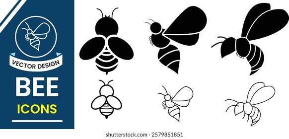 Honey Bee icon, vector. Silhouette of honeybee icon, symbol. Insect icon, Honeycomb hive, flower symbol design. Vector illustration.