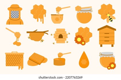 Honey and bee icons set. Collection of flat icons such as, honey, bee, beehive, honeycomb, beeswax, beekeeper, bee nest, honey spoon and others