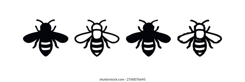 Honey bee icons set. Insect outline and silhouette vector collection, nature symbols.