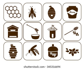 Honey and bee icons set. Honey bee vector set. Honey bee silhouette icons set. Honey pot. Honey bee sing set.