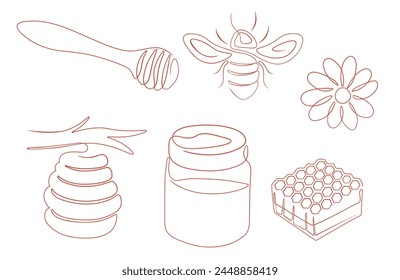 Honey and bee icons. Vector line art of honey related symbols. Bee, beehive, flower, honeycomb, honey dipper, and honey jar.