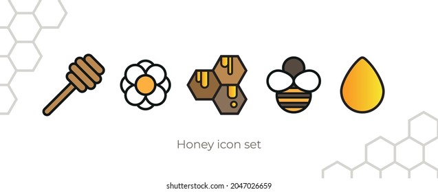 Honey and bee illustrated icon set. Organic honeycomb, bee, flower etc simplified and coloured.