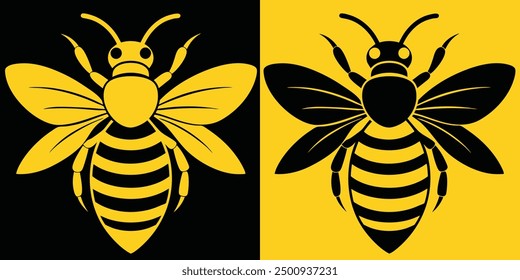 Honey bee insect silhouettes on black and yellow background. Vector illustration good use for symbol, logo, icon, mascot, sign or any design you want.