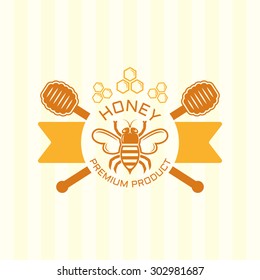 Honey and bee isolated vector colored label, bee in circle and ribbon