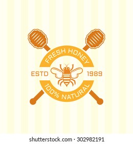 Honey and bee isolated vector colored label, bee and two crossed spoons for honey circle badge