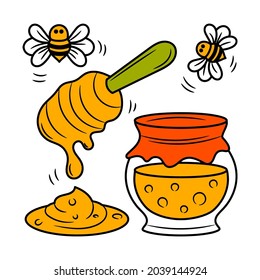 Honey with bee and jar, colored hand drawn sketch vector objects