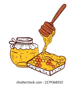 Honey bee jar honeycomb isolated concept. Vector flat graphic design illustration