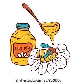 Honey bee jar honeycomb isolated concept. Vector flat graphic design illustration