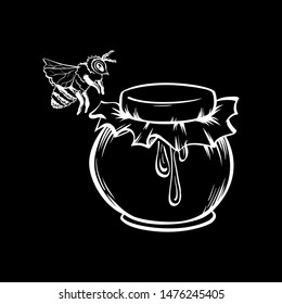 Honey Bee and Honey Jar, Outline Logo Design. White Chalk Contour on the Black Chalkboard Background.