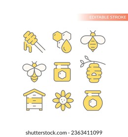 Abeja de miel, conjunto de iconos de la línea vectorial del frasco. Beehive, iconos del contorno del peine de miel.