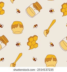 Honey Bee Jar Vector Seamless Pattern illustration Design