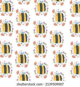 Honey Bee kids cute pattern, cute bumble bee digital paper, cartoon insects and summer flowers, nursery cute background for baby textile, scrapbooking, wrapping paper, wallpaper